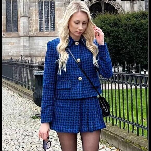 ZARA Blogger Fave Blue Houndstooth Blazer & Skort Co-Ord Set NWT - Picture 12 of 16